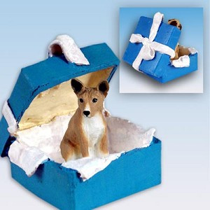 Basenji Dog in Blue Gift Box Christmas Ornament – Hand-Painted Stone Resin
