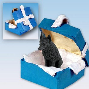 Blue Gift Box Schipperke Dog in Blue Gift Box Christmas Ornament – Hand-Painted Stone Resin
