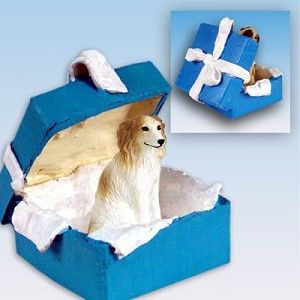 Blue Borzoi Dog in Blue Gift Box Christmas Ornament – Hand-Painted Stone Resin