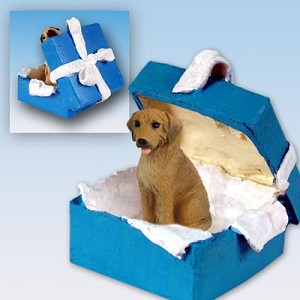 Blue Rhodesian Ridgeback Dog in Blue Gift Box Christmas Ornament – Hand-Painted Stone Resin