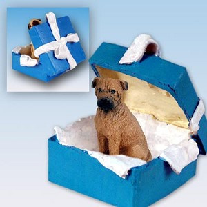 Bullmastiff Dog in Blue Gift Box Christmas Ornament – Hand-Painted Stone Resin