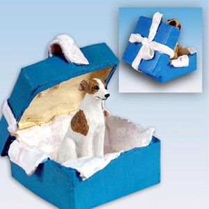 Brindle & White Whippet Dog in Blue Gift Box Christmas Ornament – Hand-Painted Stone Resin