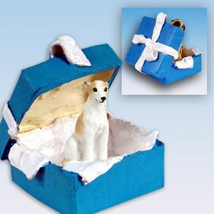 Tan & White Whippet Dog in Blue Gift Box Christmas Ornament – Hand-Painted Stone Resin