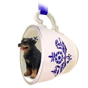 Tea Cup Blue Rottweiler Dog in Blue Tea Cup Hanging Ornament – Hand-Painted Stone Resin
