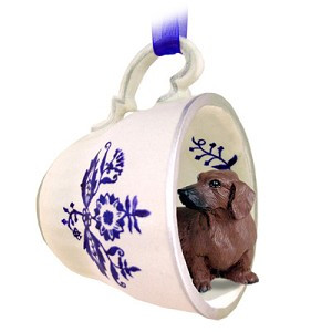 Red Dachshund Dog in Blue Tea Cup Hanging Ornament – Hand-Painted Stone Resin