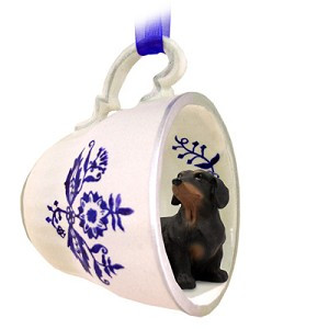 Black Dachshund Dog in Blue Tea Cup Hanging Ornament – Hand-Painted Stone Resin