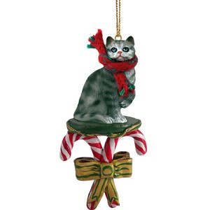 Silver Shorthaired Tabby Cat with Candy Canes Christmas Ornament – Hand-Painted Stone Resin
