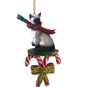 Siamese Cat with Candy Canes Christmas Ornament – Hand-Painted Stone Resin