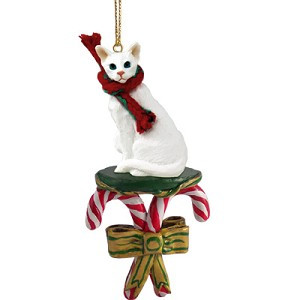 White Oriental Shorthair Cat with Candy Canes Christmas Ornament – Hand-Painted Stone Resin