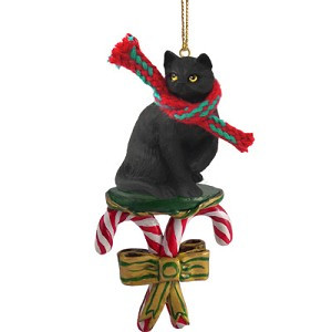 Black Shorthaired Tabby Cat with Candy Canes Christmas Ornament – Hand-Painted Stone Resin