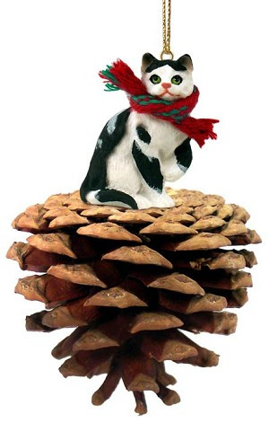 Black & White Shorthaired Tabby Cat on Pinecone Christmas Ornament – Hand-Painted Stone Resin