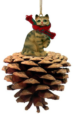 Brown Shorthaired Tabby Cat on Pinecone Christmas Ornament – Hand-Painted Stone Resin