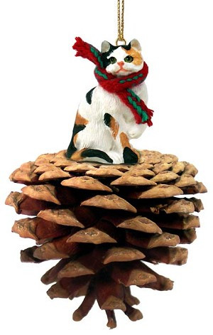 Calico Shorthaired Cat on Pinecone Christmas Ornament – Hand-Painted Stone Resin