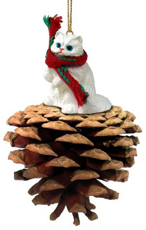 White Persian Cat on Pinecone Christmas Ornament – Hand-Painted Stone Resin