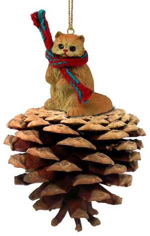 Red Persian Cat on Pinecone Christmas Ornament – Hand-Painted Stone Resin