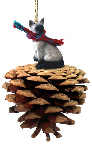Siamese Cat on Pinecone Christmas Ornament – Hand-Painted Stone Resin