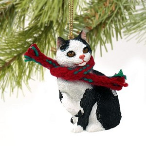 Black & White Manx Cat Christmas Ornament – Hand-Painted