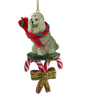 Gray Poodle Dog with Candy Canes Christmas Ornament – Hand-Painted Stone Resin