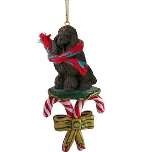 Chocolate Poodle Dog with Candy Canes Christmas Ornament – Hand-Painted Stone Resin