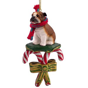 Bulldog with Candy Canes Christmas Ornament – Hand-Painted Stone Resin