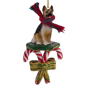 Tan Black German Shepherd Dog with Candy Canes Christmas Ornament – Hand-Painted Stone Resin