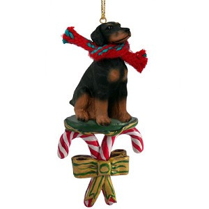 Black Uncropped Ears Doberman Pinscher Dog with Candy Canes Christmas Ornament