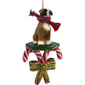 Brown Uncropped Ears Boxer Dog with Candy Canes Christmas Ornament – Hand-Painted Stone Resin