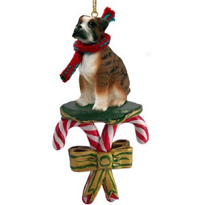 Brindle Uncropped Ears Boxer Dog with Candy Canes Christmas Ornament – Hand-Painted Stone Resin