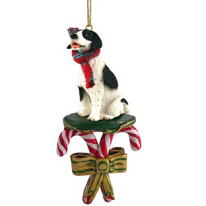 Black & White Pointer Dog with Candy Canes Christmas Ornament – Hand-Painted Stone Resin