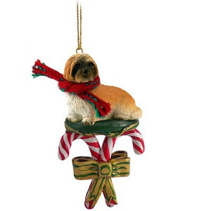 Brown Sport Cut Lhasa Apso Dog with Candy Canes Christmas Ornament – Hand-Painted Stone Resin
