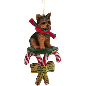 Puppy Cut Yorkshire Terrier Dog with Candy Canes Christmas Ornament – Hand-Painted Stone Resin