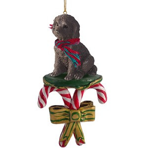 Chocolate Labradoodle Dog with Candy Canes Christmas Ornament – Hand-Painted Stone Resin