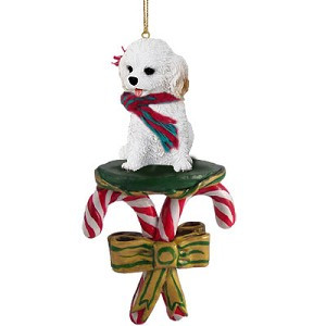 White Cockapoo Dog with Candy Canes Christmas Ornament – Hand-Painted Stone Resin
