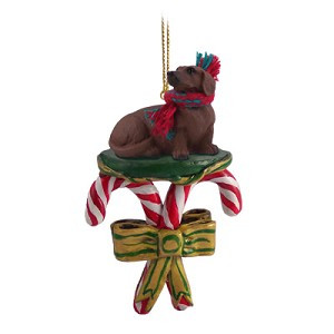 Red Dachshund Dog with Candy Canes Christmas Ornament – Hand-Painted Stone Resin