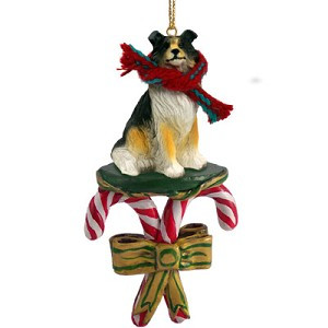 Tricolor Collie Dog with Candy Canes Christmas Ornament – Hand-Painted Stone Resin
