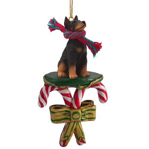 Black with Cropped Ears Doberman Pinscher Dog with Candy Canes Christmas Ornament