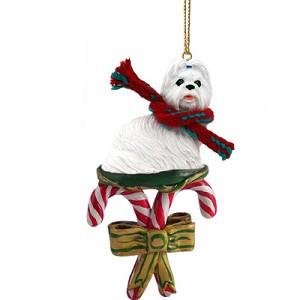 White Shih Tzu Dog with Candy Canes Christmas Ornament – Hand-Painted Stone Resin