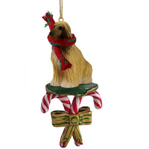 Tan & White Afghan Hound Dog with Candy Canes Christmas Ornament – Hand-Painted Stone Resin
