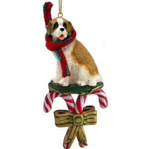 Rough Coat Saint Bernard Dog with Candy Canes Christmas Ornament – Hand-Painted Stone Resin