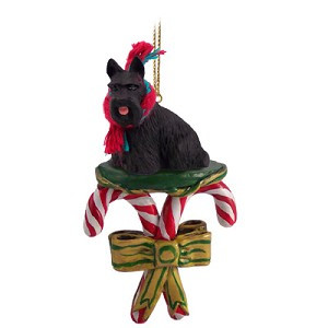 Black Scottish Terrier Dog with Candy Canes Christmas Ornament – Hand-Painted Stone Resin