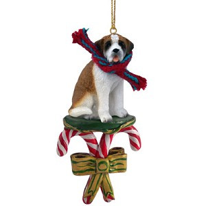 Smooth Coat Saint Bernard Dog with Candy Canes Christmas Ornament – Hand-Painted Stone Resin