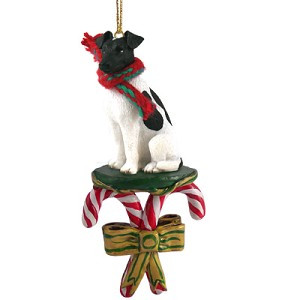 Black & White Fox Terrier Dog with Candy Canes Christmas Ornament – Hand-Painted Stone Resin