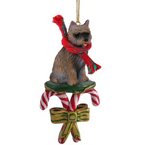 Brindle Cairn Terrier Dog with Candy Canes Christmas Ornament – Hand-Painted Stone Resin