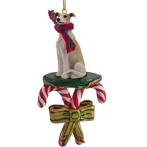 Tan & White Greyhound Dog with Candy Canes Christmas Ornament – Hand-Painted Stone Resin