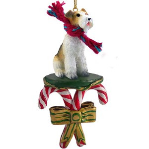 Red Wire Fox Terrier Dog with Candy Canes Christmas Ornament – Hand-Painted Stone Resin