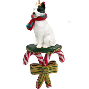 White Pit Bull Terrier Dog with Candy Canes Christmas Ornament – Hand-Painted Stone Resin