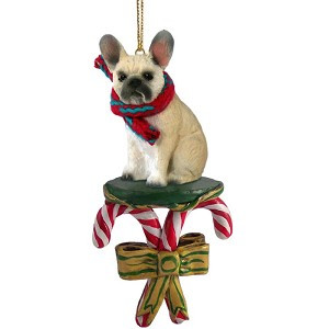 Fawn French Bulldog with Candy Canes Christmas Ornament – Hand-Painted Stone Resin