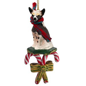 Black and White Chinese Crested Dog with Candy Canes Christmas Ornament – Hand-Painted Stone Resin