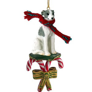 Gray & White Whippet Dog with Candy Canes Christmas Ornament – Hand-Painted Stone Resin