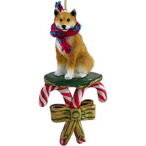 Shiba Inu Dog with Candy Canes Christmas Ornament – Hand-Painted Stone Resin